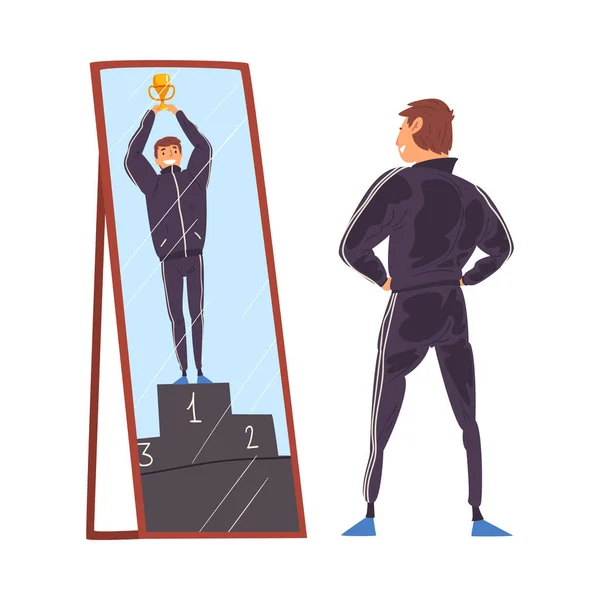 Guy Standing in Front of Mirror Looking at His Reflection and Imagine Himself as Successful, Narcissistic Man Seeing Himself Differently in Mirror Vector Illustration — Stock Vector