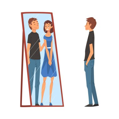 Yalnız adam aynanın önünde dikilip yansımasına bakıyor ve kendini genç kadınla hayal ediyor, kendini Ayna vektörü illüstrasyonunda farklı görüyor.