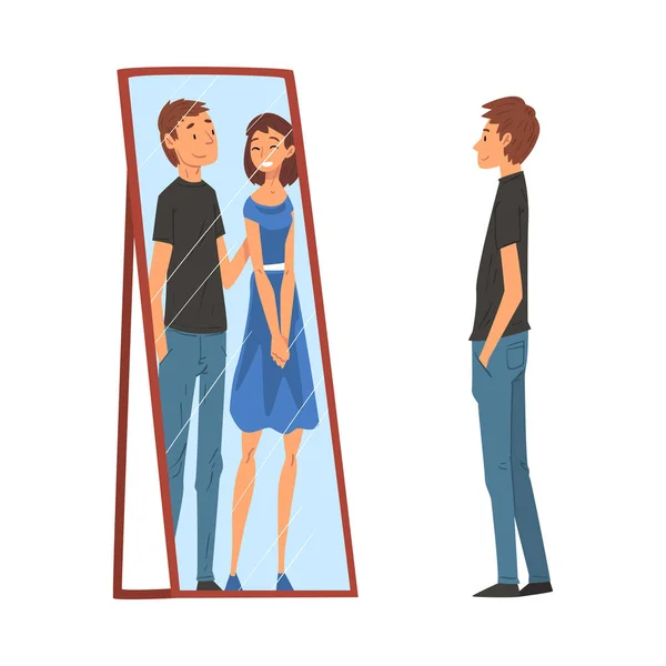 Lonely Guy Standing in Front of Mirror Looking at His Reflection and Imagine Himself With Young Woman, Man Seeing Himself Differently in Mirror Vector Illustration — Stock Vector