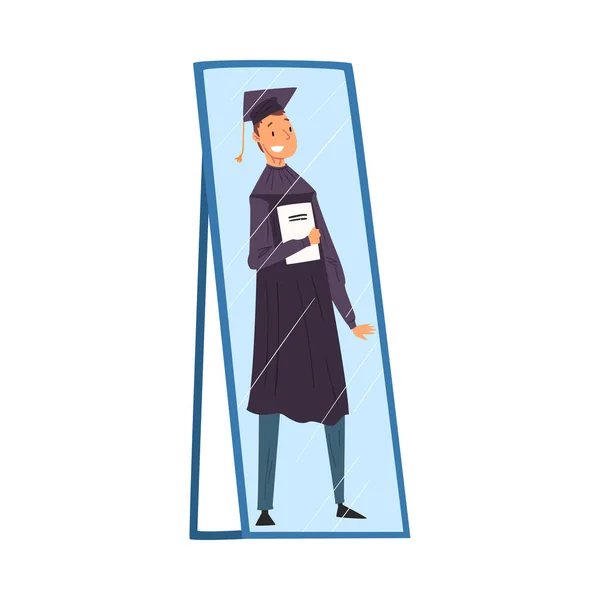 Rozjímání o šťastné mužské promoce student v plášti a čepice s diplomem v jeho rukou v zrcadle, Alter Ego koncepce vektorové ilustrace — Stockový vektor