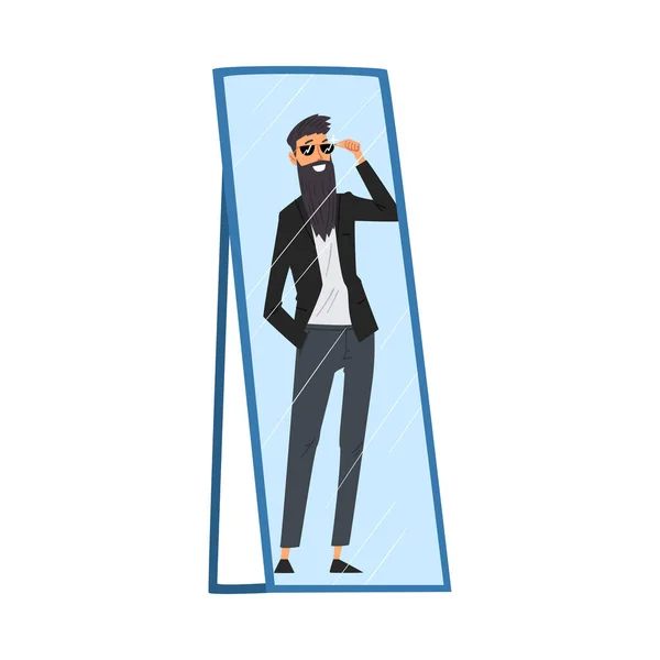 Reflection of Successful Hipster Man in the Mirror, Alter Ego Concept Vector Illustration — Stock Vector