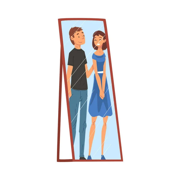 Reflejo de feliz pareja amorosa en el espejo, Alter Ego Vector Illustration — Archivo Imágenes Vectoriales