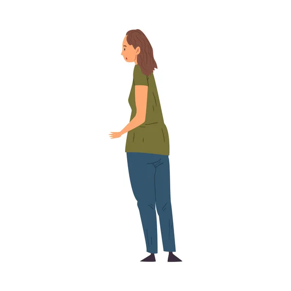 Mujer con sobrepeso parándose y mirando algo, vista desde detrás de la ilustración vectorial — Archivo Imágenes Vectoriales