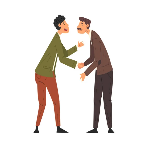 Conoce a dos amigos, reunión de negocios, personajes masculinos estrechando manos y comunicando la ilustración vectorial — Archivo Imágenes Vectoriales
