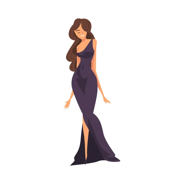 Mooie jonge vrouw met lang haar dragen zwarte jurk vector illustratie — Stockvector