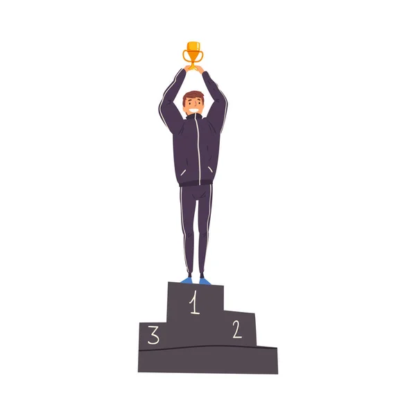 Personagem homem de sucesso em pé no pedestal com vencedor Cup Vector Ilustração — Vetor de Stock