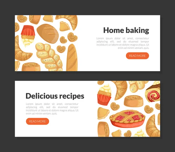 Strona główna Pieczenie, Pyszne Przepisy Landing Page Templates Set, Homepage with Fresh Baked Goods Vector Illustration — Wektor stockowy