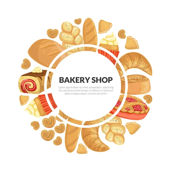 Bakery Shop Banner Template with Fresh Baking Products of Round Shape and Place for Text Vector Illustration — Stock Vector