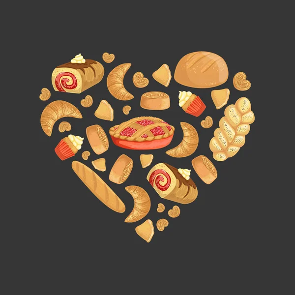 Φρέσκα ψητά προϊόντα σε σχήμα καρδιάς, στοιχείο μπορεί να χρησιμοποιηθεί για αρτοποιείο, Ζαχαροπλαστική, Cafe Menu, Συσκευασία, Flyer Εικονογράφηση διάνυσμα — Διανυσματικό Αρχείο