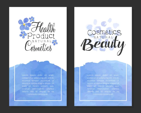 Набор шаблонов плакатов для медицинских изделий из натуральной косметики, товары для здоровья Синие акварельные значки — стоковый вектор