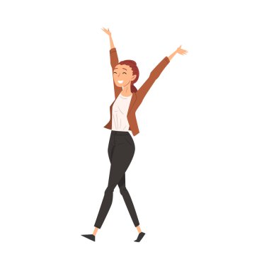 Başarılı İş Kadını Kollarını Kaldırıyor Başarı ve Zafer Vektörü İllüstrasyonunu Kutluyor