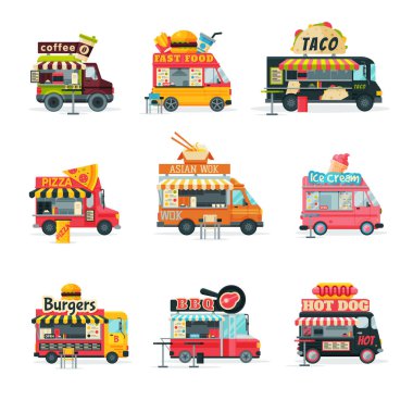 Yiyecek Kamyonları Koleksiyonu, Sokak Yemekleri Arabaları, Mobil Dükkanlar, Hamburgerler, Kahve, Hot Dog, Pizza, Burger, Dondurma, Taco Vector Illustration
