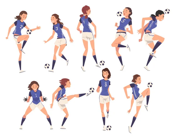 Colección de personajes de jugadores de fútbol femenino, Mujeres jóvenes en uniforme deportivo jugando fútbol, Atletas femeninas pateando la pelota Vector Illustration — Vector de stock