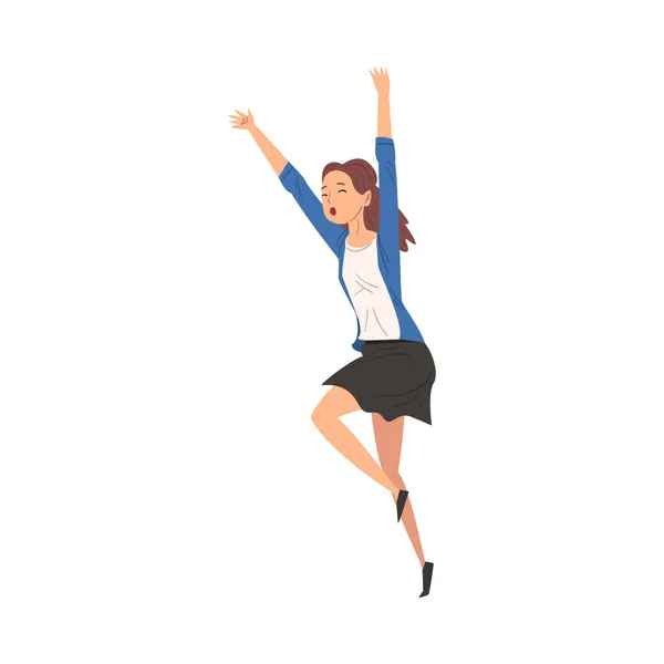 Glad Lycklig Framgångsrik Affärskvinna Lyft Armarna Upp Fira Framgång och Seger Vektor Illustration — Stock vektor