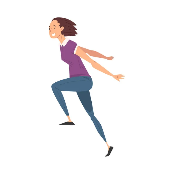 Mujer joven sonriente con ropa casual corriendo para terminar la línea Vector Illustration — Vector de stock