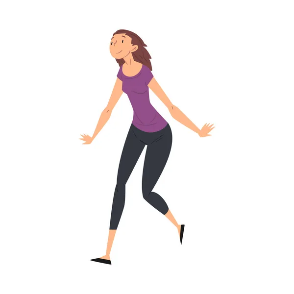 Ευτυχισμένος χαμογελώντας νεαρή γυναίκα σε Casual ρούχα τρέχει να τελειώσει γραμμή διανυσματική εικονογράφηση — Διανυσματικό Αρχείο