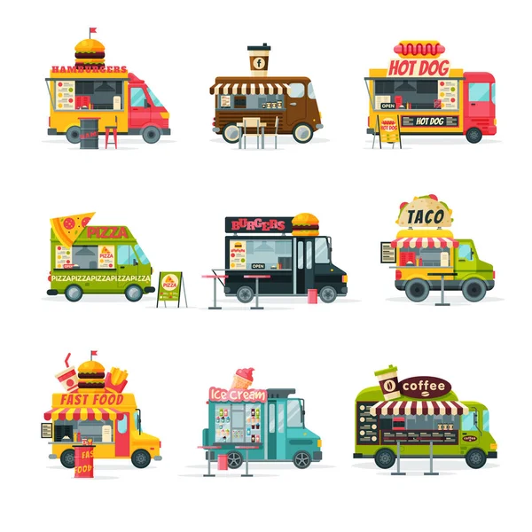 Raccolta di camioncini di cibo, veicoli per il cibo di strada, consegna fast food, negozi mobili, hamburger, caffè, hot dog, pizza, hamburger, gelato, illustrazione vettoriale del taco — Vettoriale Stock