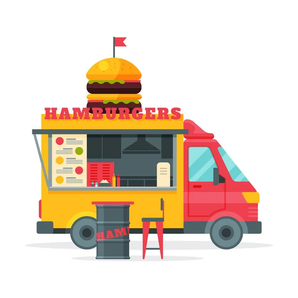 Hamburgerek Food Truck, Street Meal Vehicle, Fast Food Delivery Vector Illusztráció — Stock Vector