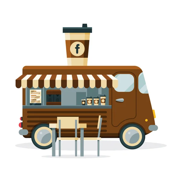 Camion del caffè con la tazza di bevanda sulla parte superiore, veicolo stradale del pasto, illustrazione del vettore del negozio mobile — Vettoriale Stock