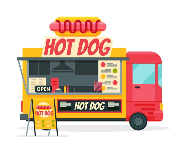 Hot Dog Food Truck, Street Meal Vehicle, Fast Food Delivery Vector Illusztráció — Stock Vector