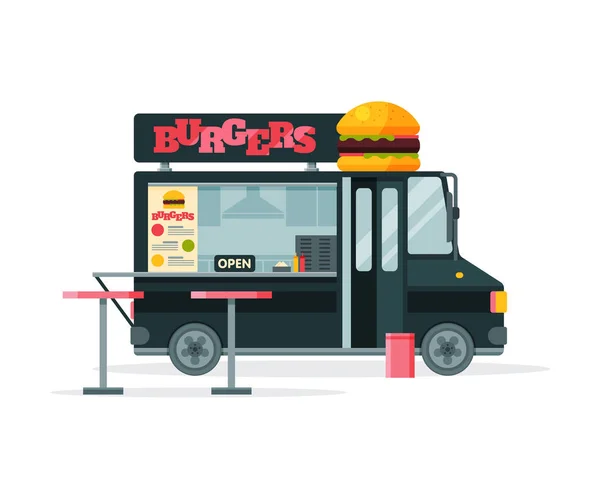 Burgers Food Truck, Street Meal Van, Fast Food Delivery Vector Illustration — 스톡 벡터