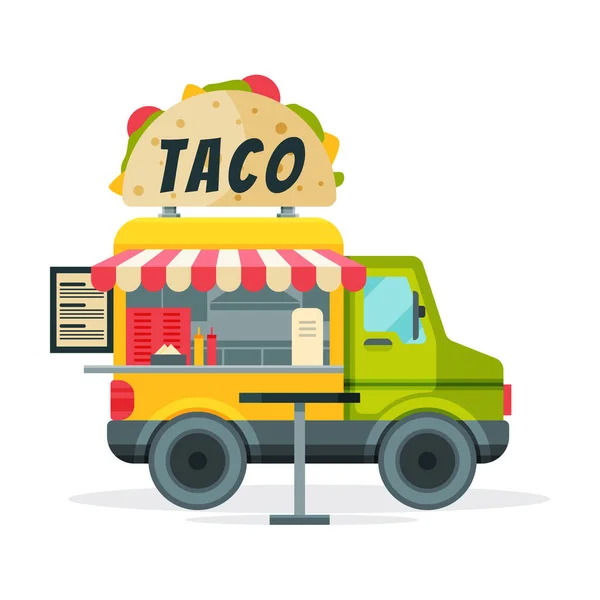 Camión de comida de tacos, camioneta de comida callejera, entrega de comida rápida sabrosa, ilustración de vectores de tienda móvil — Vector de stock