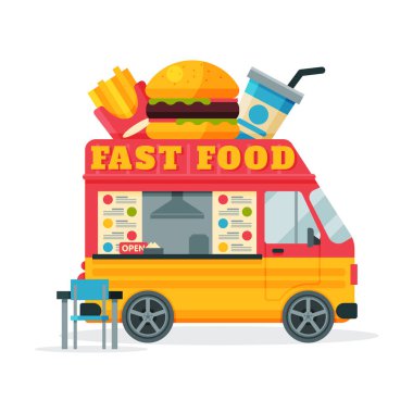 Fast Food Truck, Street Meal Van, Fast Food Dağıtım, Mobile Shop Vector Illustration