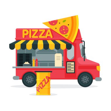 Pizza Kamyoneti, Sokak Yemekleri Minibüsü, Fast Food Teslimat Vektörü Resimleri