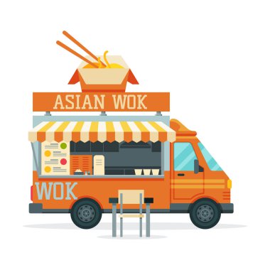 Asya Yemek Kamyonu, Sokak Yemekleri Aracı, Fast Food Teslimatı, Mobil Dükkan Vektör İllüstrasyonu
