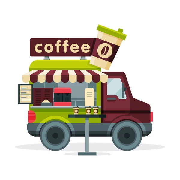 Camion del caffè, furgone del pasto della via, illustrazione del vettore del negozio mobile — Vettoriale Stock