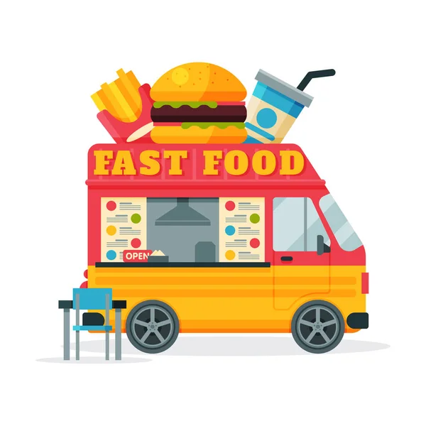 Fast Food Truck, Straatmaaltijd Van, Fast Food Delivery, Mobiele winkel Vector Illustratie — Stockvector