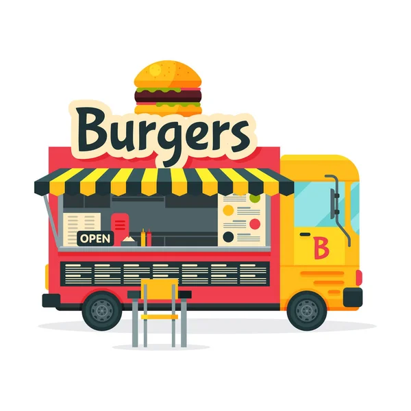 Burgers Food Truck, Street Meal Vehicle, Fast Food Delivery, Mobile Shop Vector Illustration — Stock Vector