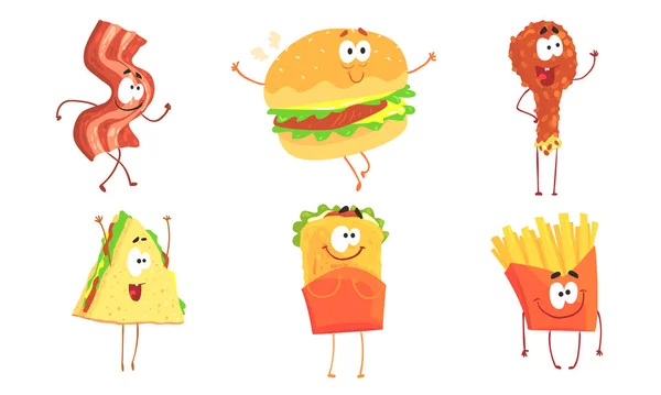 Komik Fast Food Collection Jambon Dilimi, Burger, Chicken Drumstick, Shawarma, Sandviç, Fransız Kızartma Çizgi Filmleri Karakterleri, Cafe veya Restoran Menüsü Tasarım Element İllüstrasyonu — Stok Vektör