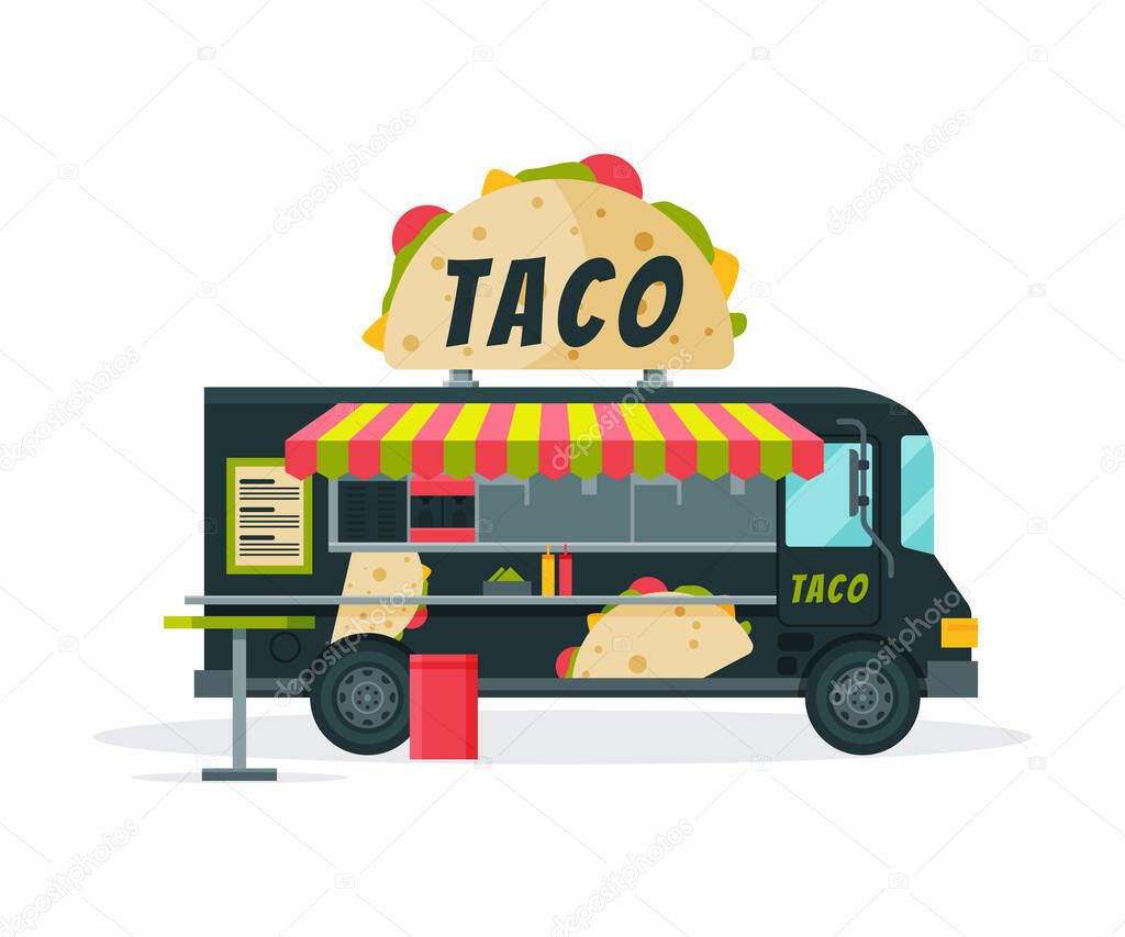 Taco Food Truck, Street Meal Vehicle, Fast Food Delivery, Mobile Shop Vector Illustration on White Background.