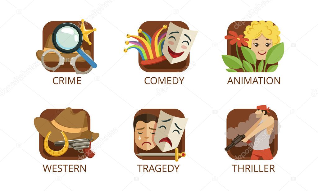 Cinema Genres Set, Crime, Comedy, Animation, Western, Tragedy, Thriller, Cinematography Movie Production Sign Vector Illustration on White Background