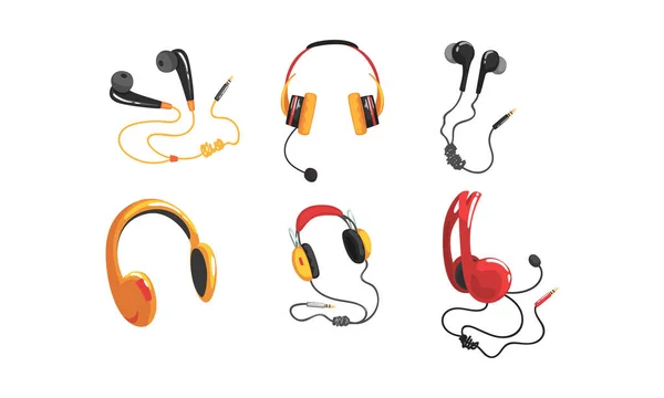 Various Types of Headphones and Earphones Collection, Wire Accessories For Listening Music and Gaming Vector Illustration — 스톡 벡터