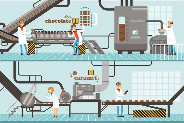 Conjunto de processo de produção de fábrica de chocolate e caramelo, doces confeitaria indústria equipamentos vetor ilustração — Vetor de Stock