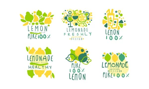 Zdrowe szablony logo Lemonade Oryginalny projekt, 100% Czysta cytryna Drink Ręcznie rysowane Odznaki Wektor Ilustracja — Wektor stockowy