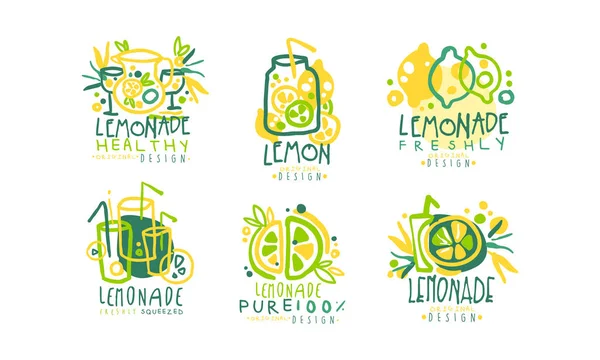 Gezonde Limonade Logo Templates Origineel ontwerp, Pure fris drankje Hand getrokken Badges Vector Illustratie — Stockvector