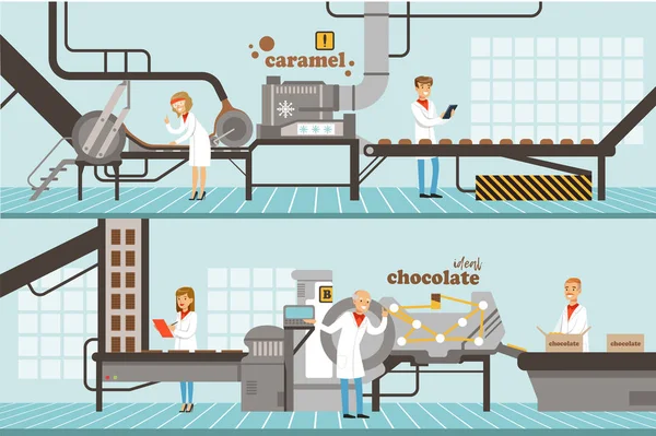 Lignes de production d'usine de chocolat et de caramel, illustration vectorielle d'équipement d'industrie de confiserie de bonbons — Image vectorielle