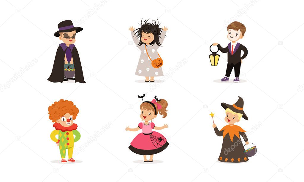 Cute Boys and Girls in Halloween Costumes Collection, Children Celebrating Holidays Wearing as Witch, Princess, Vampire, Clown, Bat Vector Illustration