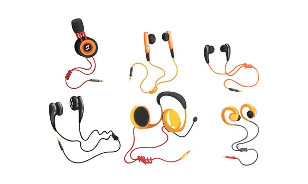 Varios tipos de colección de auriculares y auriculares, accesorios de alambre para escuchar música y juegos Vector Ilustración — Vector de stock