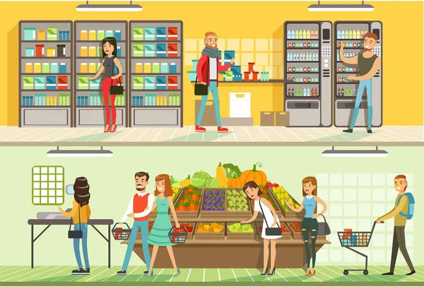 超级市场购物的男女顾客在商店里购买食品的情况 — 图库矢量图片