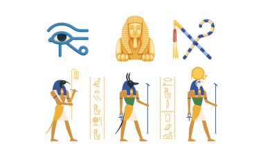 Mısır 'ın Geleneksel Kültürel ve Tarihi Sembolleri Koleksiyon, Antik Mısır Tanrıları, Horus' un Gözü, Sfenks Heykeli, Rod ve Whip Vector İllüstrasyonu