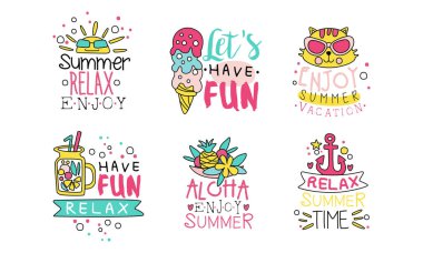 Yaz Tatili Logo Tasarım Şablonları Koleksiyonunun, Gevşeme Yaz Saati 'nin, Şirin Renkli Etiketler Gösteriminin keyfini çıkarın