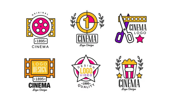 Collezione di modelli di design con logo cinematografico, Illustrazione vettoriale di distintivi originali luminosi per la cinematografia vintage — Vettoriale Stock