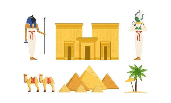 Símbolos Históricos e Culturais Tradicionais do Egito Coleção, Antigas Deidades Egípcias, Pirâmides, Camelo, Palmeira Vetor Ilustração —  Vetores de Stock
