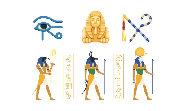 Traditionella kulturella och historiska symboler för Egypten samling, forntida egyptiska gudar, Eye of Horus, sfinxstaty, spö och piska vektor Illustration — Stock vektor