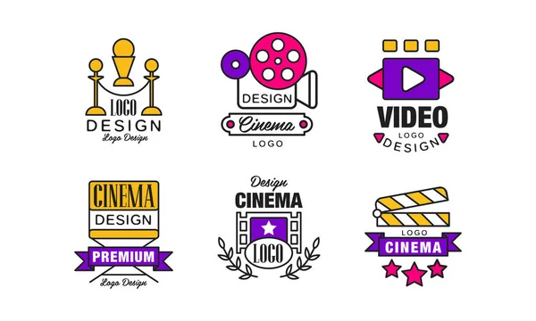 Cinema Retro Logo Design Templates Collection, Bright Original Vintage Cinematography Badges Vector Illustration — Stock Vector