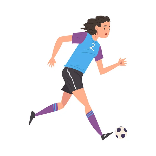 Chica jugando fútbol, personaje joven jugador de fútbol en uniforme deportivo corriendo con bola Vector Ilustración — Vector de stock